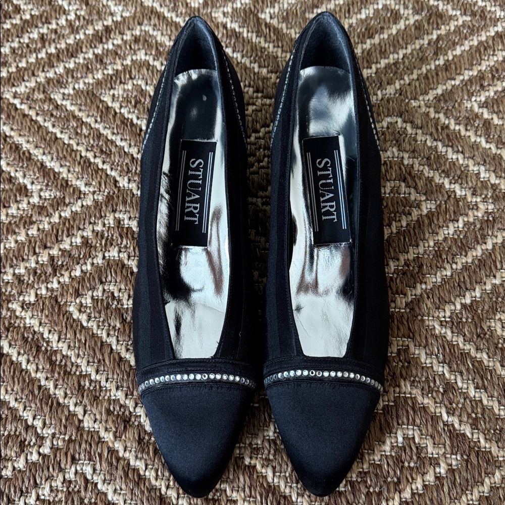 Vintage Stuart Weitzman Black Tux Satin Rhinestone Trim Evening Shoes